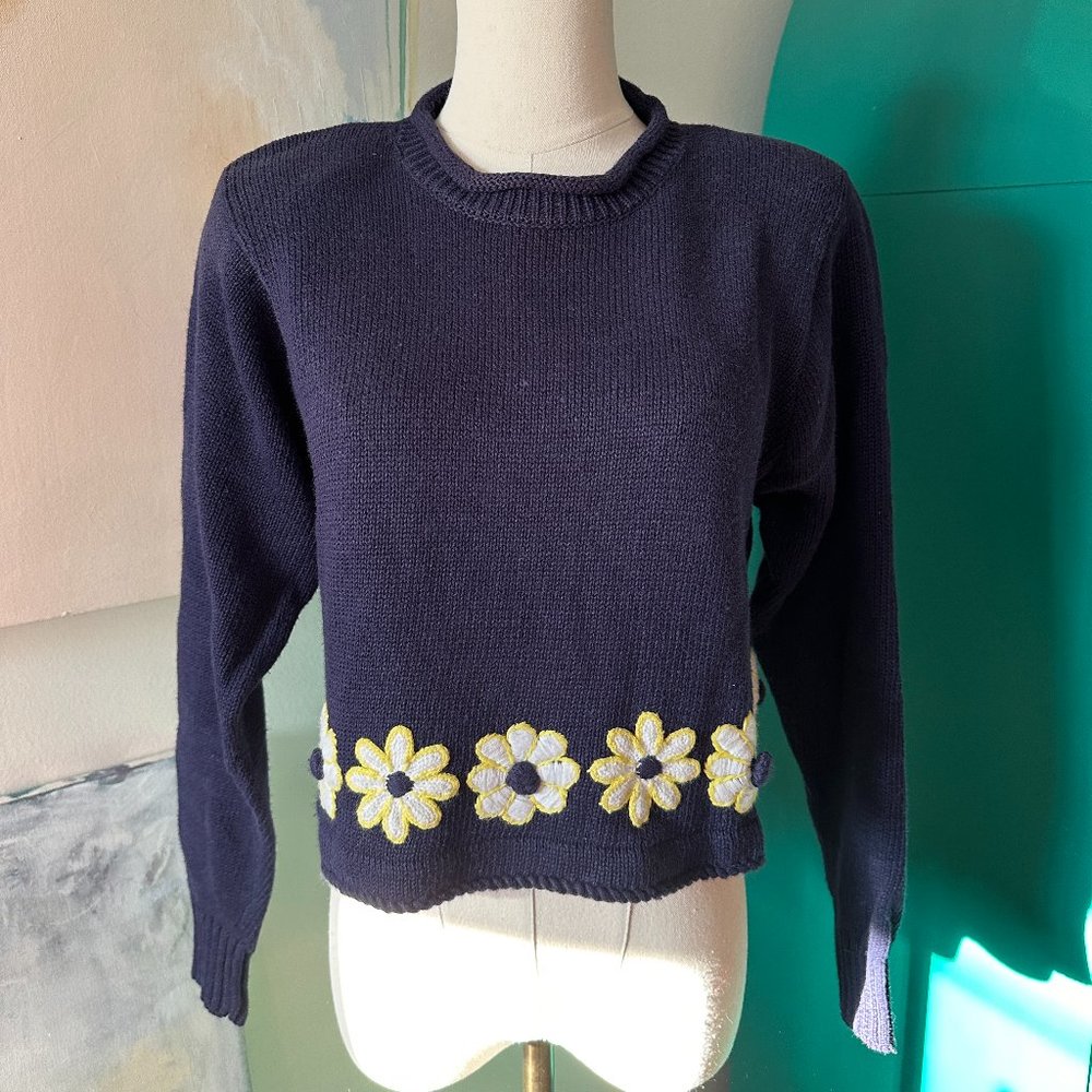 Vintage 80s Lily‎ Pulitzer Cotton Blend Cropped Navy Embroidered Sweater